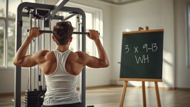 Person beim Latzug-Training neben einer Kreidetafel mit der Aufschrift 3 mal 9 bis 13 Wiederholungen, Symbol fuer das System der doppelten Progression