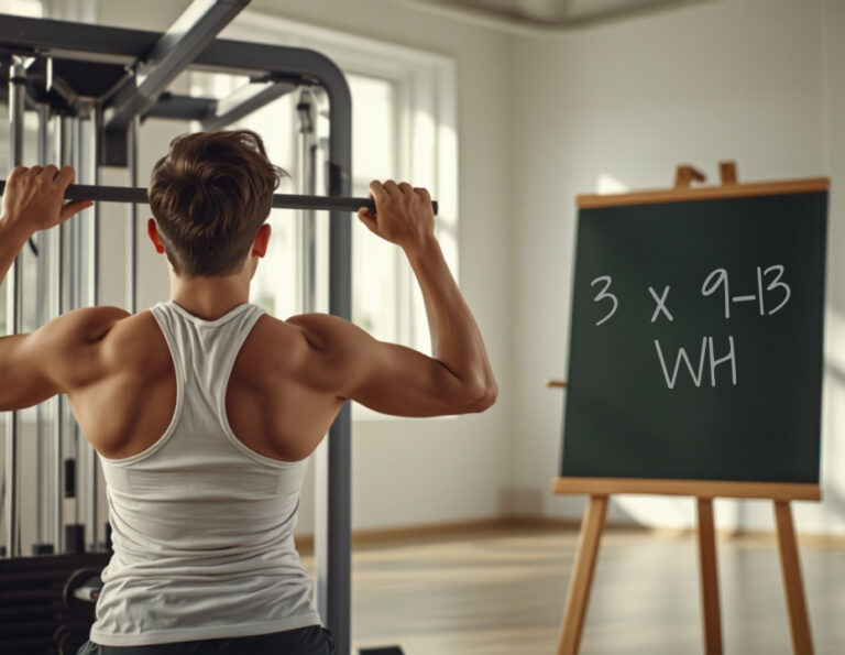 Person beim Latzug-Training neben einer Kreidetafel mit der Aufschrift 3 mal 9 bis 13 Wiederholungen, Symbol fuer das System der doppelten Progression